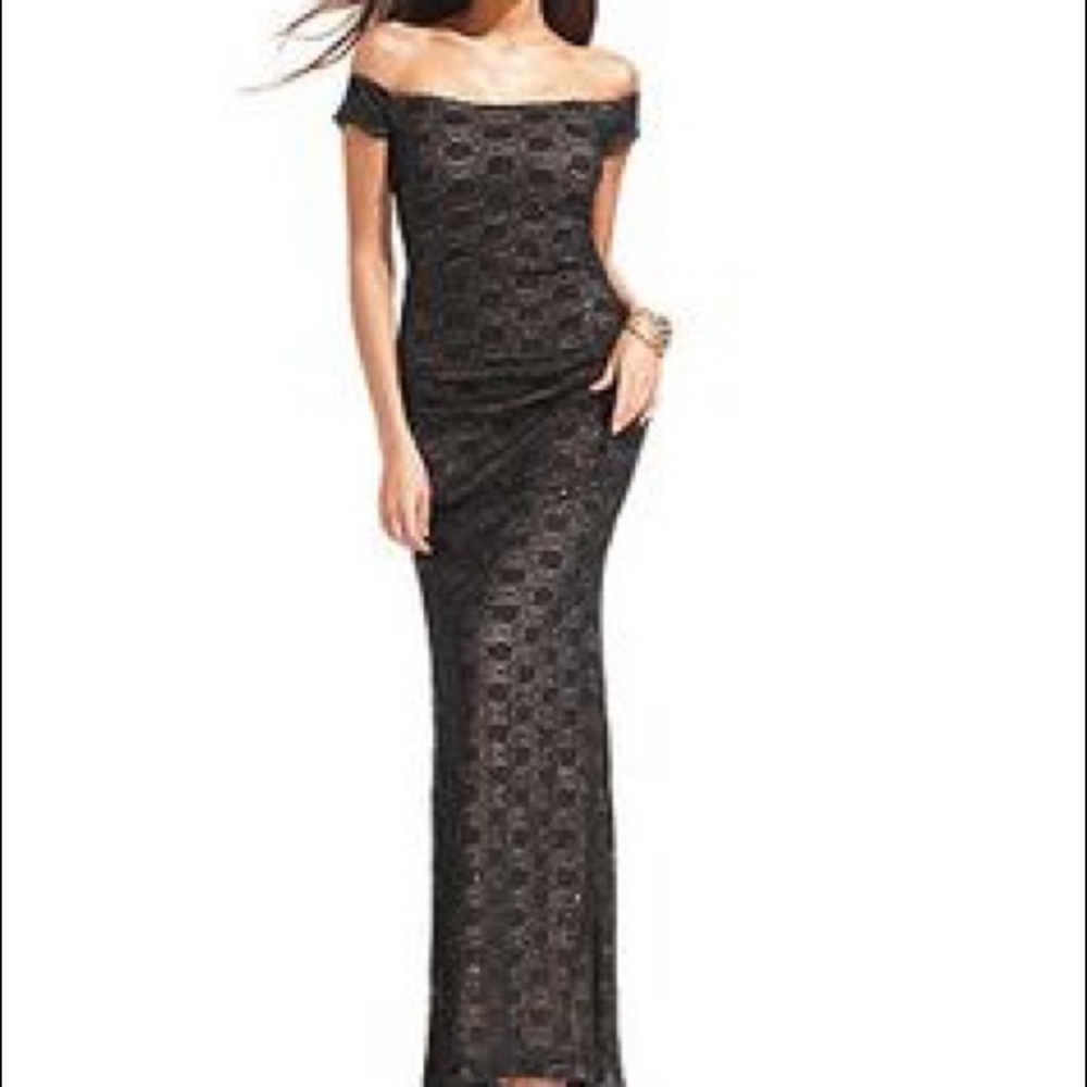 Black Lace Evening Gown with Sequin Detail